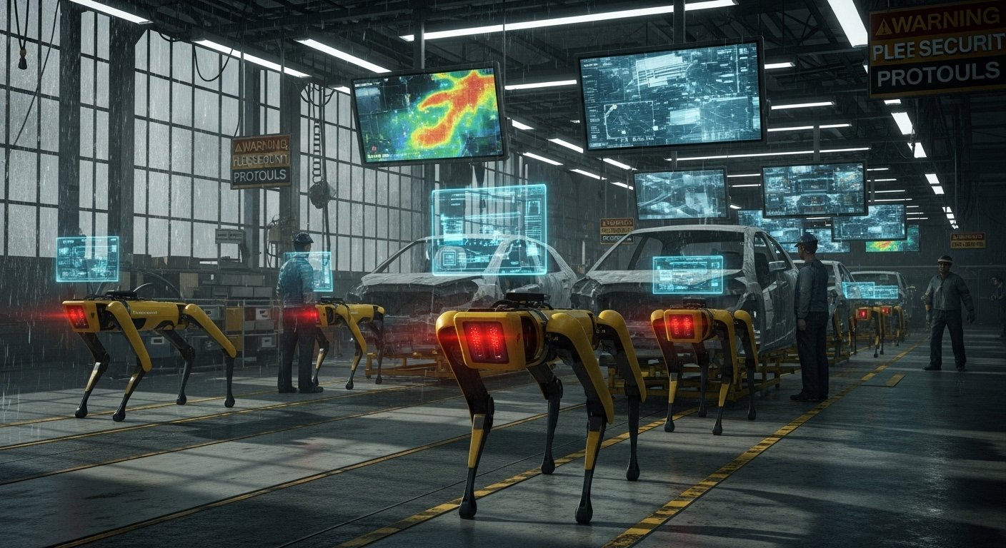 Read more about the article Inside the Factory of the Future: Robot Dogs, Human Technicians, and Real-Time AI by 2030 (With Two Robot Future: Collaborators vs. Competitors In The Automation Revolution Audio Overview & Quiz)